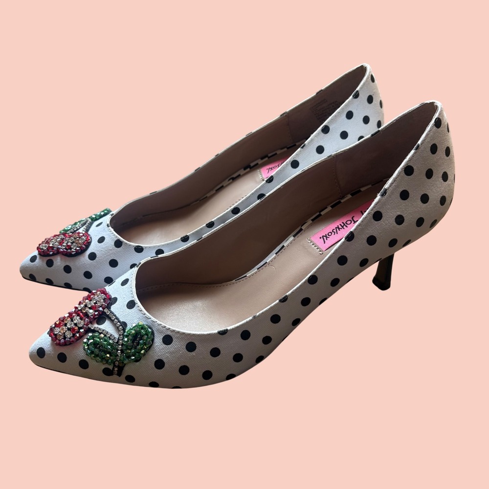 Y2K Glam Babydoll Style Betsey Johnson Polka Dot and Studded Cherry Pumps